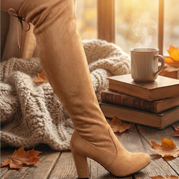 BAMBOO Shoes - NWT Bamboo Taupe Suede Knit Cuff OTK Block Heel Boots